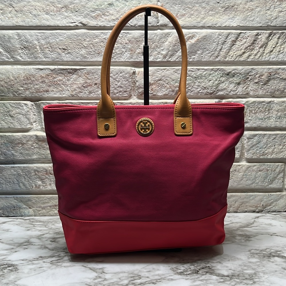 TORY BURCH LEATHER AND CANVAS TOTE BAG IN EUC - Picture 2 of 15